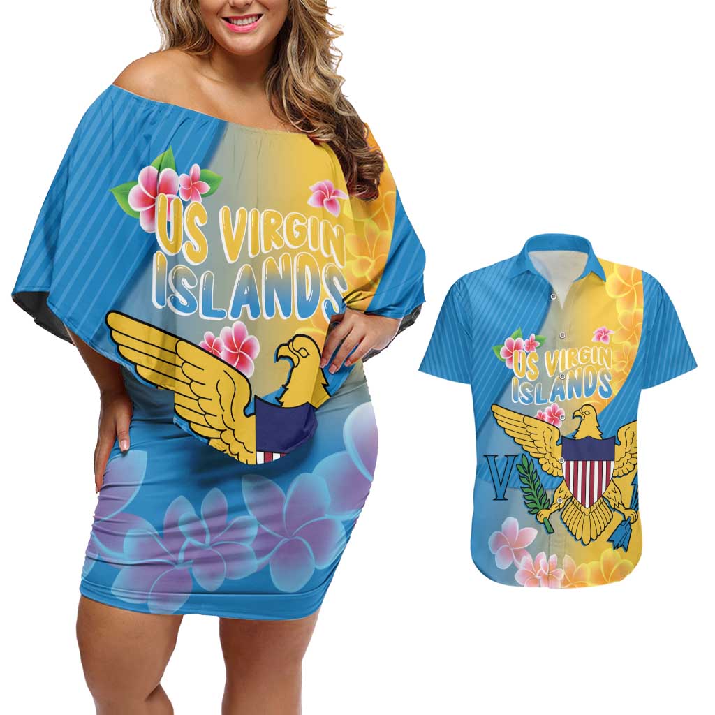 US Virgin Islands Couples Matching Off Shoulder Short Dress and Hawaiian Shirt Coat of Arms Plumeria Curve Style - Wonder Print Shop