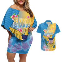 US Virgin Islands Couples Matching Off Shoulder Short Dress and Hawaiian Shirt Coat of Arms Plumeria Curve Style - Wonder Print Shop