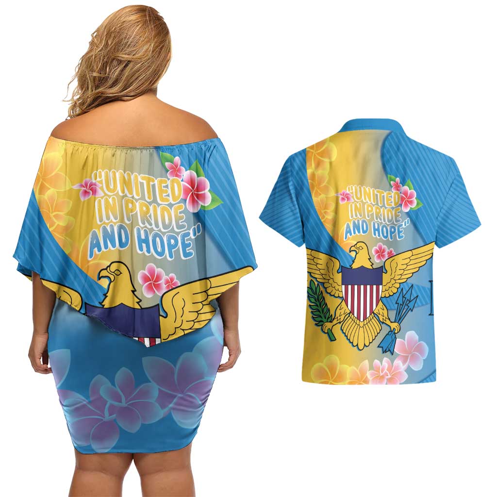 US Virgin Islands Couples Matching Off Shoulder Short Dress and Hawaiian Shirt Coat of Arms Plumeria Curve Style - Wonder Print Shop