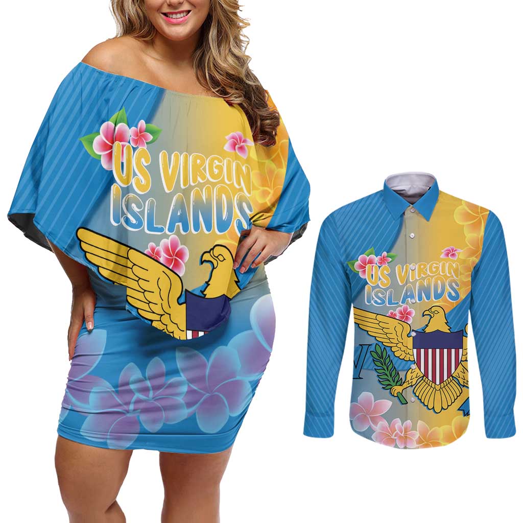 US Virgin Islands Couples Matching Off Shoulder Short Dress and Long Sleeve Button Shirt Coat of Arms Plumeria Curve Style - Wonder Print Shop