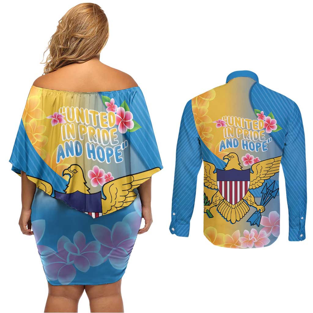 US Virgin Islands Couples Matching Off Shoulder Short Dress and Long Sleeve Button Shirt Coat of Arms Plumeria Curve Style - Wonder Print Shop