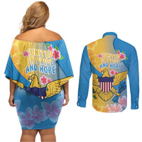 US Virgin Islands Couples Matching Off Shoulder Short Dress and Long Sleeve Button Shirt Coat of Arms Plumeria Curve Style - Wonder Print Shop