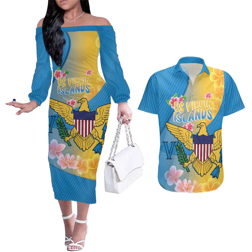 US Virgin Islands Couples Matching Off The Shoulder Long Sleeve Dress and Hawaiian Shirt Coat of Arms Plumeria Curve Style - Wonder Print Shop