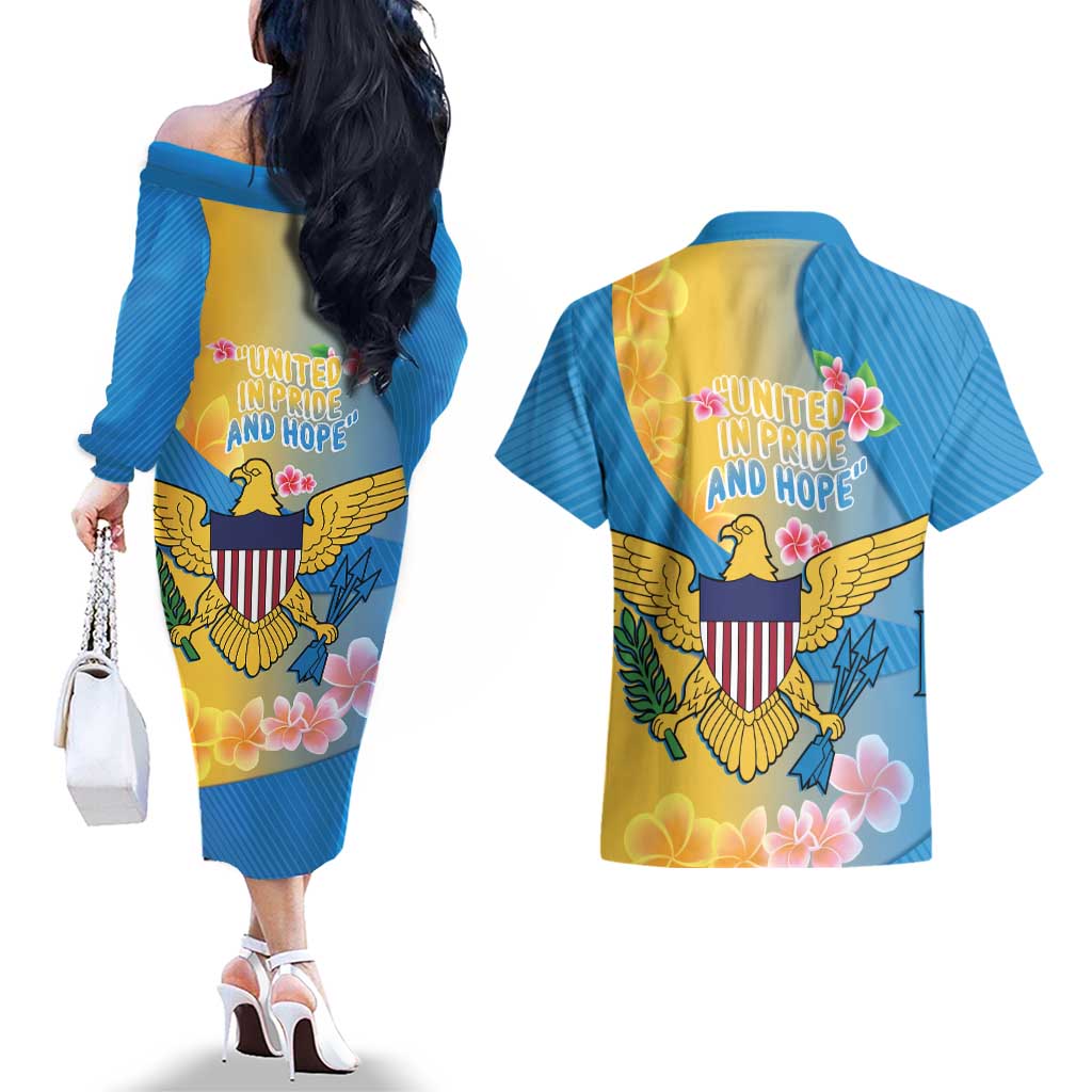 US Virgin Islands Couples Matching Off The Shoulder Long Sleeve Dress and Hawaiian Shirt Coat of Arms Plumeria Curve Style - Wonder Print Shop