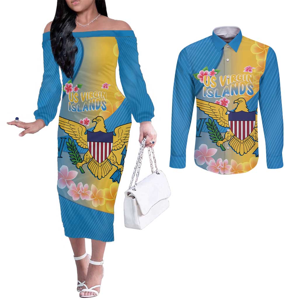 US Virgin Islands Couples Matching Off The Shoulder Long Sleeve Dress and Long Sleeve Button Shirt Coat of Arms Plumeria Curve Style - Wonder Print Shop