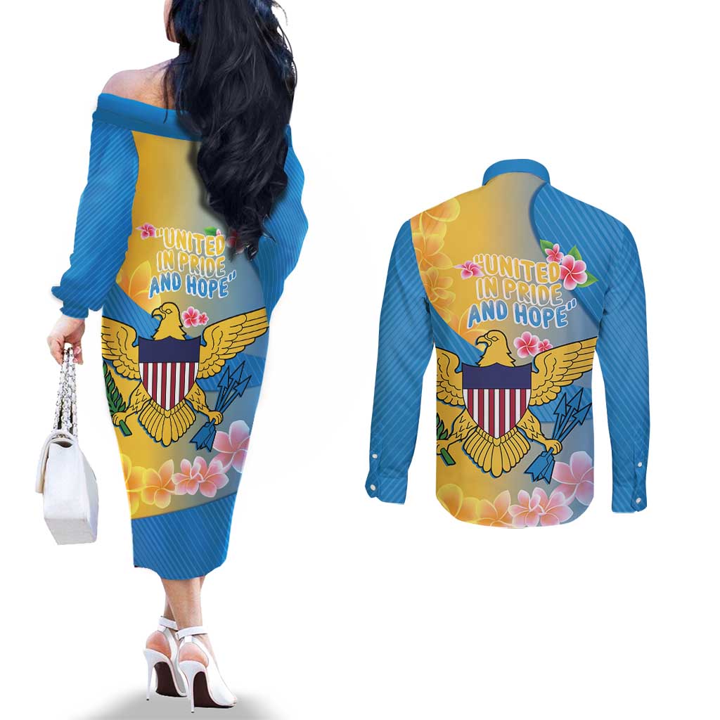 US Virgin Islands Couples Matching Off The Shoulder Long Sleeve Dress and Long Sleeve Button Shirt Coat of Arms Plumeria Curve Style - Wonder Print Shop