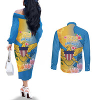 US Virgin Islands Couples Matching Off The Shoulder Long Sleeve Dress and Long Sleeve Button Shirt Coat of Arms Plumeria Curve Style - Wonder Print Shop