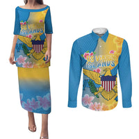 US Virgin Islands Couples Matching Puletasi and Long Sleeve Button Shirt Coat of Arms Plumeria Curve Style - Wonder Print Shop