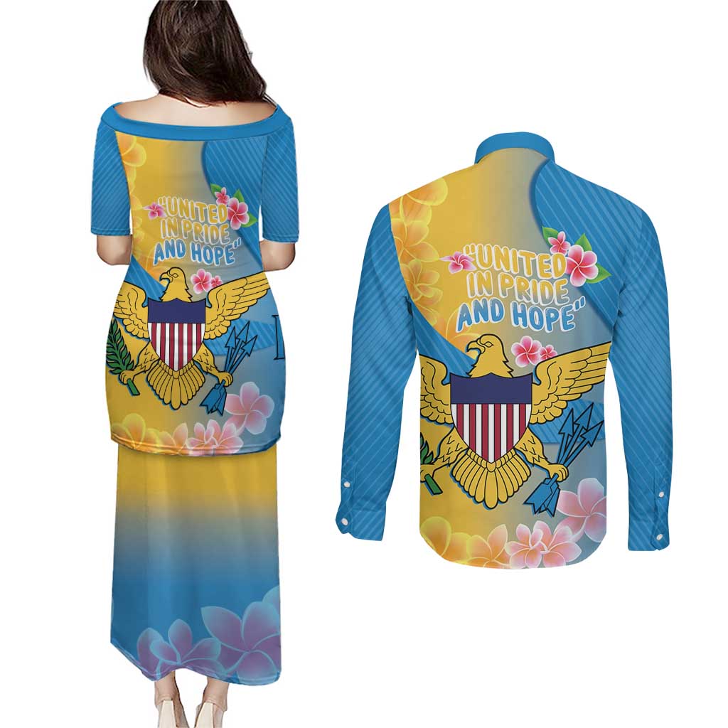 US Virgin Islands Couples Matching Puletasi and Long Sleeve Button Shirt Coat of Arms Plumeria Curve Style - Wonder Print Shop