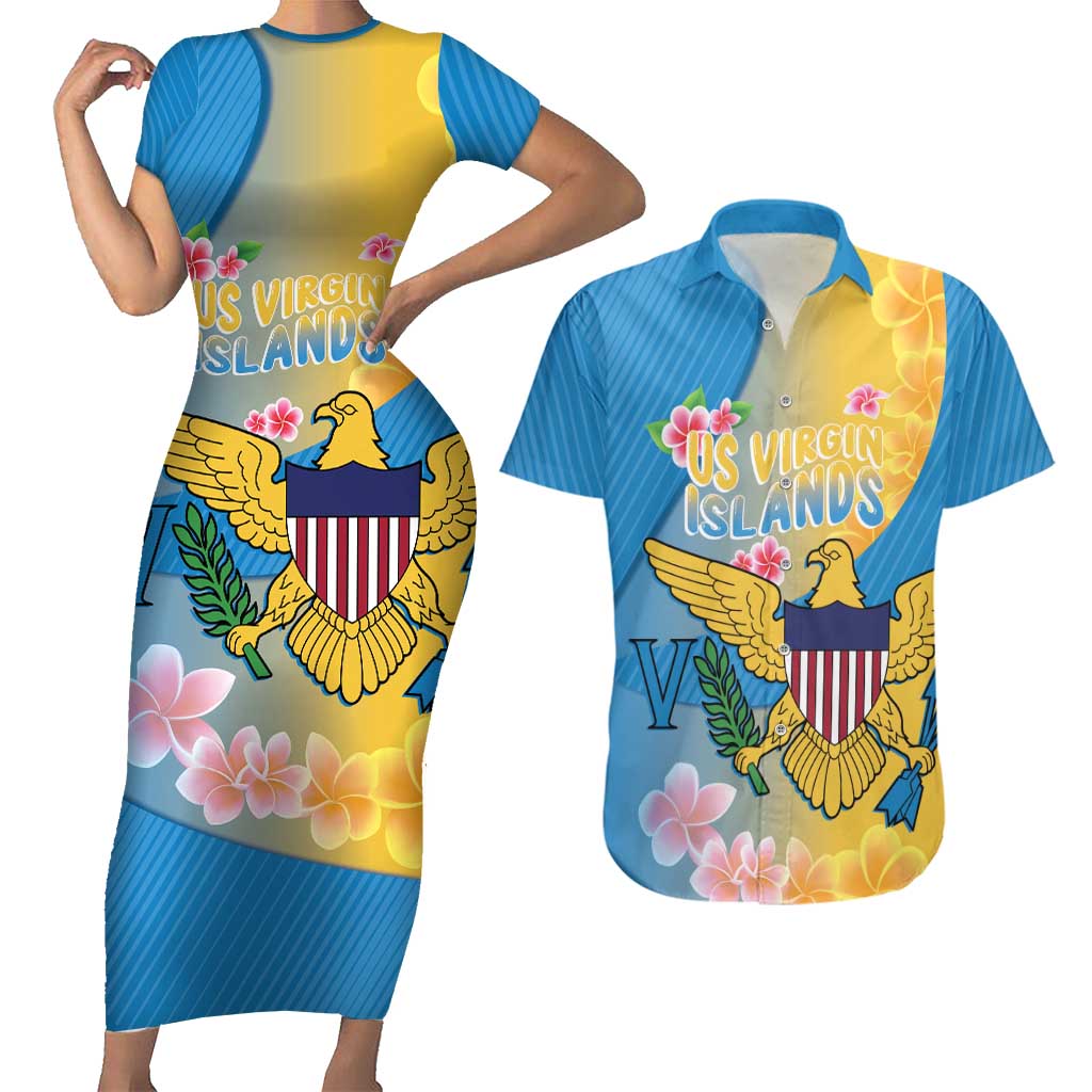 US Virgin Islands Couples Matching Short Sleeve Bodycon Dress and Hawaiian Shirt Coat of Arms Plumeria Curve Style - Wonder Print Shop