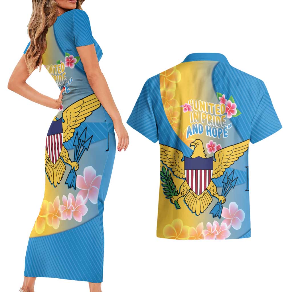 US Virgin Islands Couples Matching Short Sleeve Bodycon Dress and Hawaiian Shirt Coat of Arms Plumeria Curve Style - Wonder Print Shop
