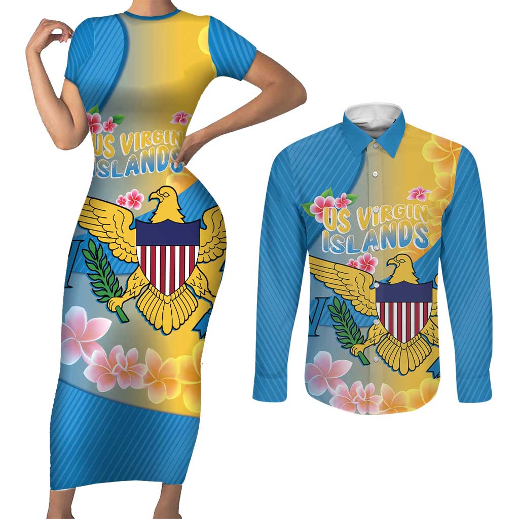 US Virgin Islands Couples Matching Short Sleeve Bodycon Dress and Long Sleeve Button Shirt Coat of Arms Plumeria Curve Style - Wonder Print Shop