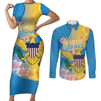 US Virgin Islands Couples Matching Short Sleeve Bodycon Dress and Long Sleeve Button Shirt Coat of Arms Plumeria Curve Style - Wonder Print Shop