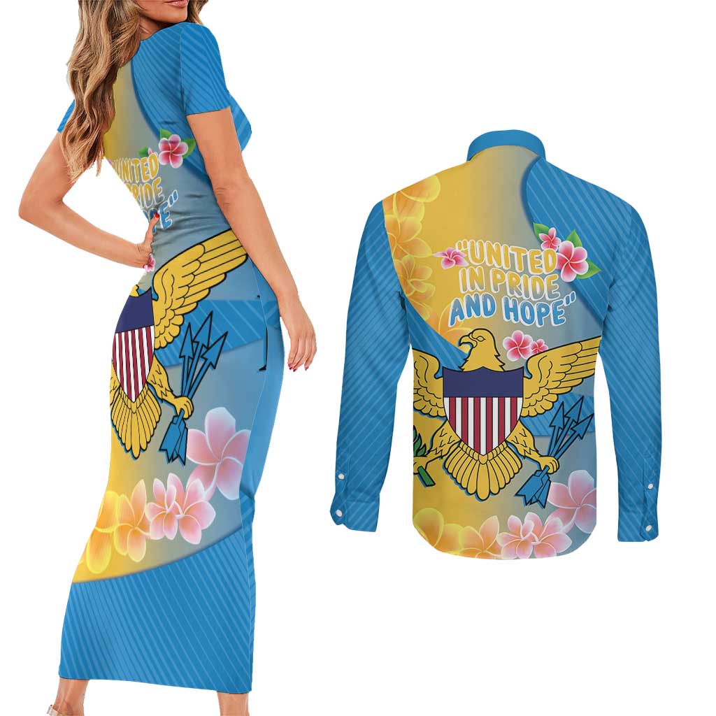 US Virgin Islands Couples Matching Short Sleeve Bodycon Dress and Long Sleeve Button Shirt Coat of Arms Plumeria Curve Style - Wonder Print Shop