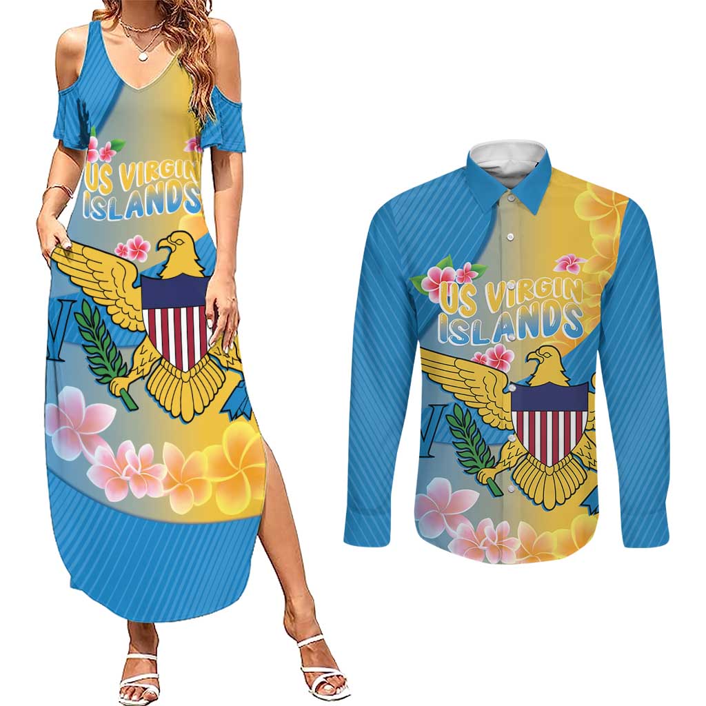 US Virgin Islands Couples Matching Summer Maxi Dress and Long Sleeve Button Shirt Coat of Arms Plumeria Curve Style - Wonder Print Shop