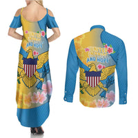 US Virgin Islands Couples Matching Summer Maxi Dress and Long Sleeve Button Shirt Coat of Arms Plumeria Curve Style - Wonder Print Shop
