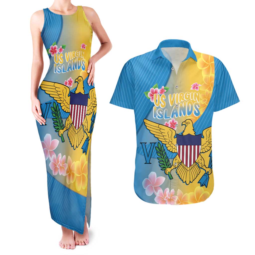 US Virgin Islands Couples Matching Tank Maxi Dress and Hawaiian Shirt Coat of Arms Plumeria Curve Style - Wonder Print Shop