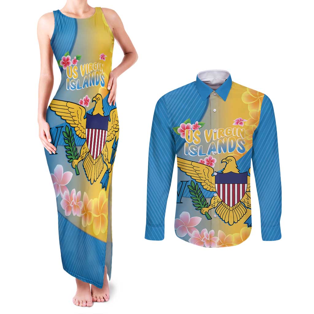 US Virgin Islands Couples Matching Tank Maxi Dress and Long Sleeve Button Shirt Coat of Arms Plumeria Curve Style - Wonder Print Shop