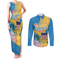US Virgin Islands Couples Matching Tank Maxi Dress and Long Sleeve Button Shirt Coat of Arms Plumeria Curve Style - Wonder Print Shop