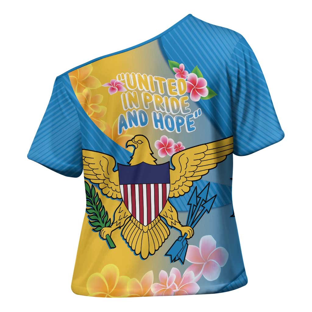 US Virgin Islands Cross Shoulder Shirt Coat of Arms Plumeria Curve Style - Wonder Print Shop