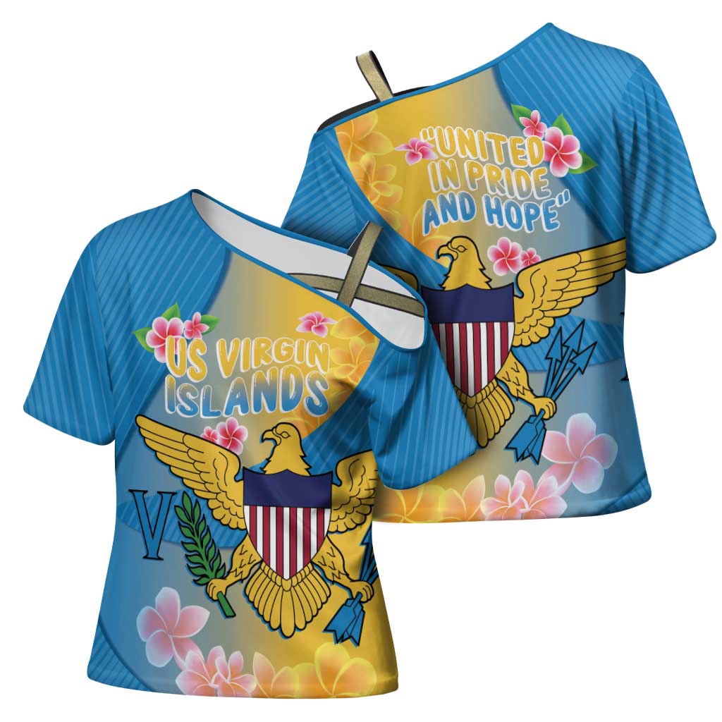 US Virgin Islands Cross Shoulder Shirt Coat of Arms Plumeria Curve Style - Wonder Print Shop