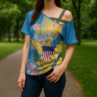 US Virgin Islands Cross Shoulder Shirt Coat of Arms Plumeria Curve Style - Wonder Print Shop