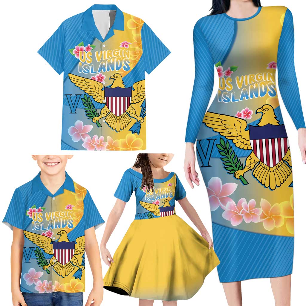 US Virgin Islands Family Matching Long Sleeve Bodycon Dress and Hawaiian Shirt Coat of Arms Plumeria Curve Style - Wonder Print Shop