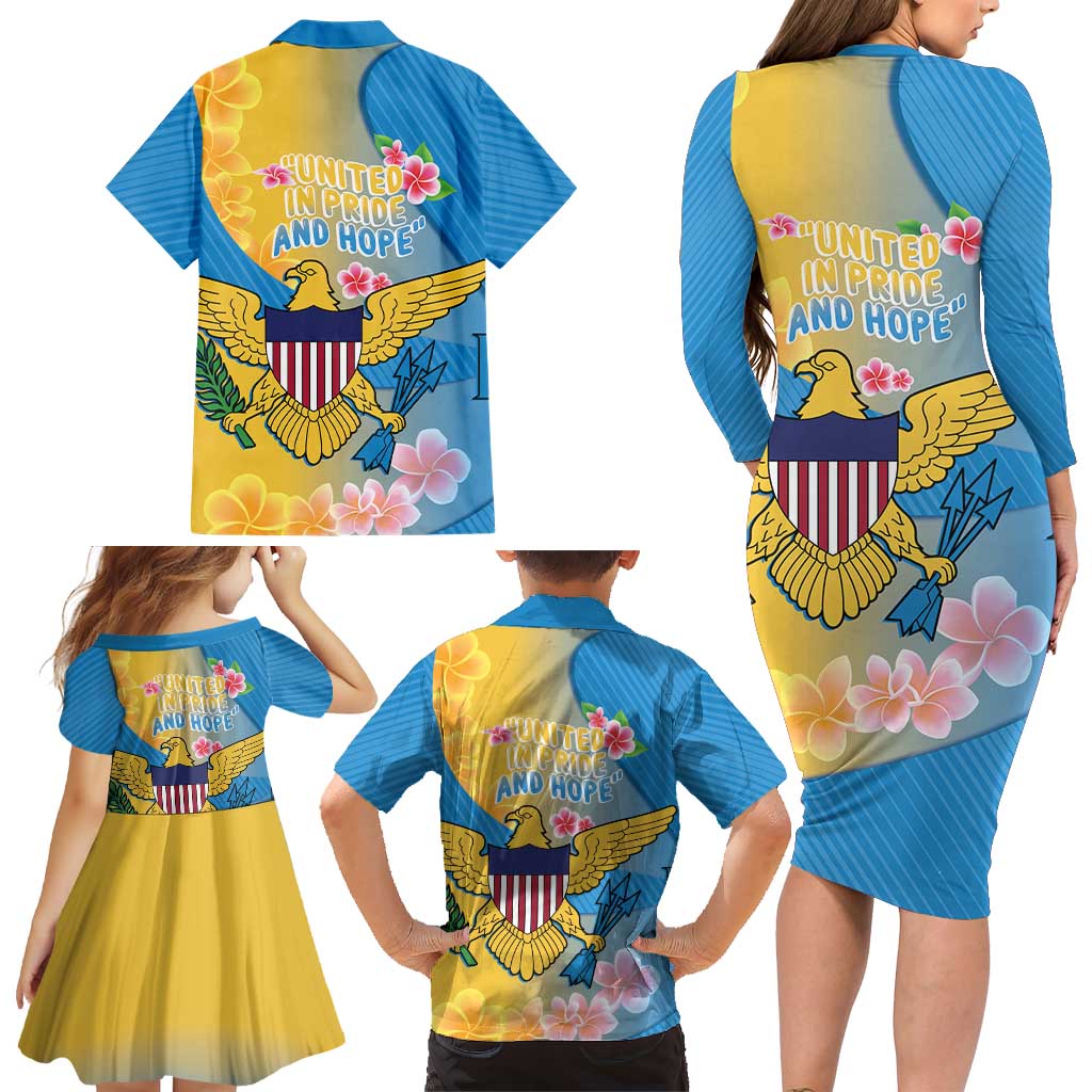 US Virgin Islands Family Matching Long Sleeve Bodycon Dress and Hawaiian Shirt Coat of Arms Plumeria Curve Style - Wonder Print Shop