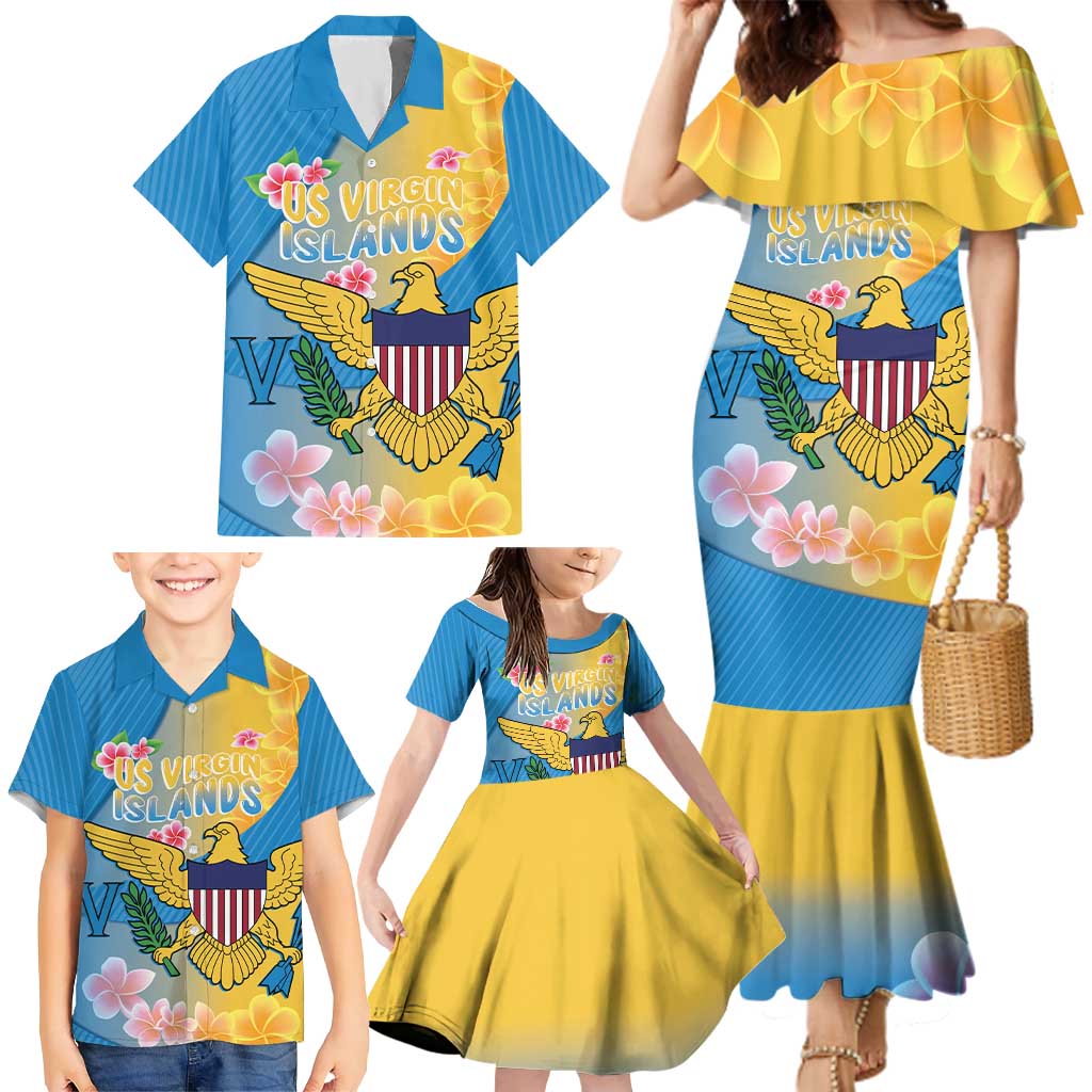 US Virgin Islands Family Matching Mermaid Dress and Hawaiian Shirt Coat of Arms Plumeria Curve Style - Wonder Print Shop