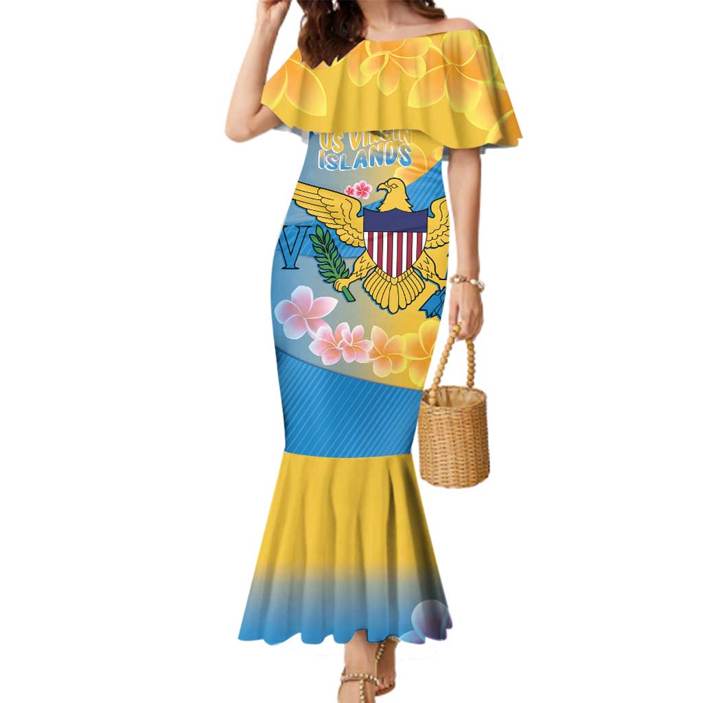 US Virgin Islands Family Matching Mermaid Dress and Hawaiian Shirt Coat of Arms Plumeria Curve Style - Wonder Print Shop