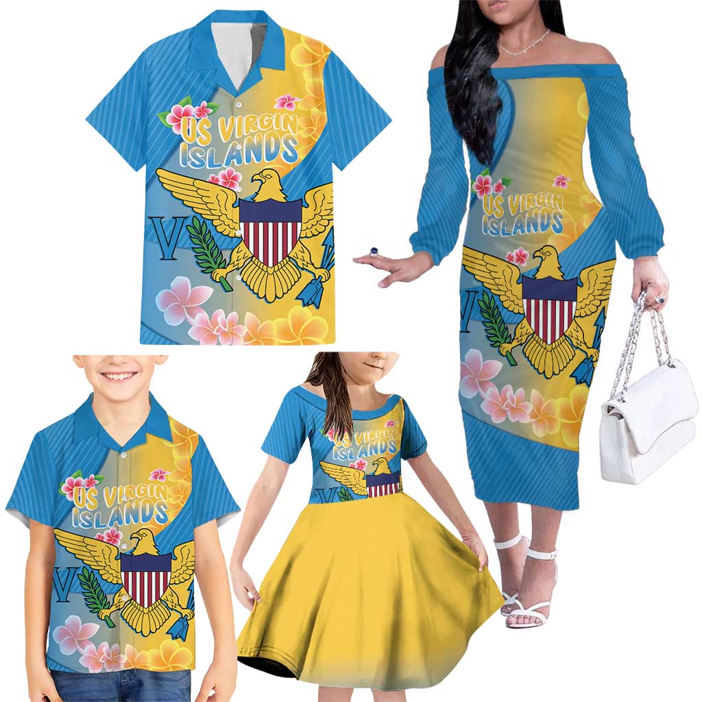 US Virgin Islands Family Matching Off The Shoulder Long Sleeve Dress and Hawaiian Shirt Coat of Arms Plumeria Curve Style - Wonder Print Shop