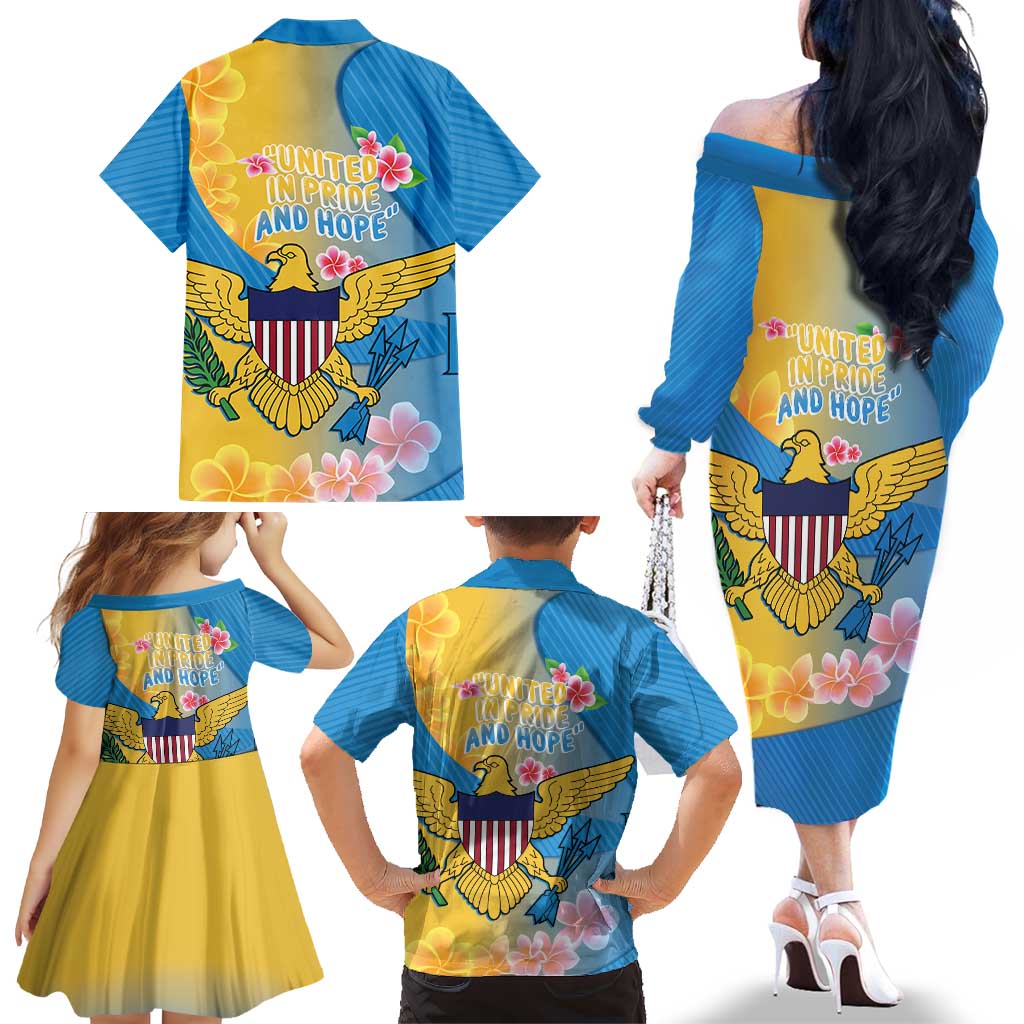 US Virgin Islands Family Matching Off The Shoulder Long Sleeve Dress and Hawaiian Shirt Coat of Arms Plumeria Curve Style - Wonder Print Shop