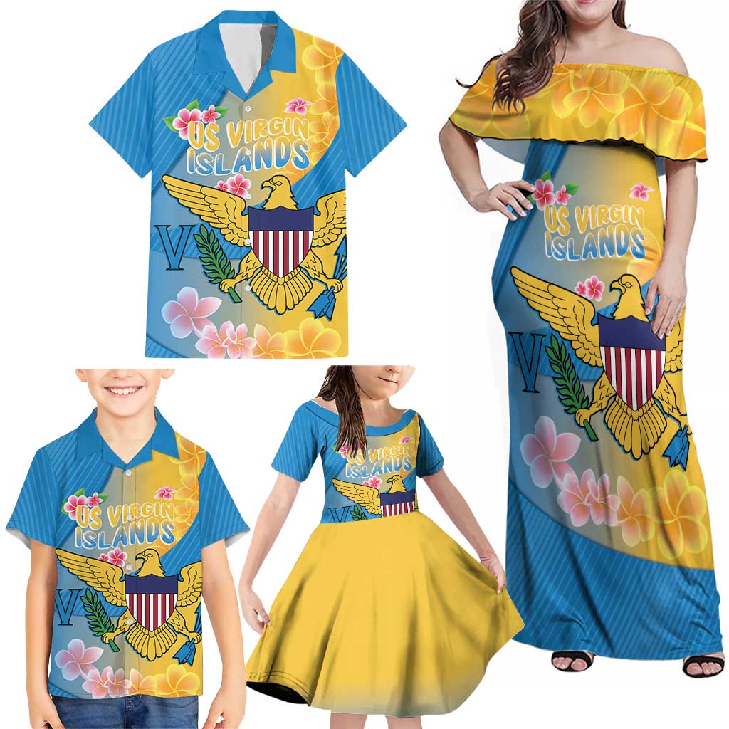 US Virgin Islands Family Matching Off Shoulder Maxi Dress and Hawaiian Shirt Coat of Arms Plumeria Curve Style - Wonder Print Shop