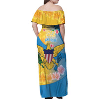 US Virgin Islands Family Matching Off Shoulder Maxi Dress and Hawaiian Shirt Coat of Arms Plumeria Curve Style - Wonder Print Shop