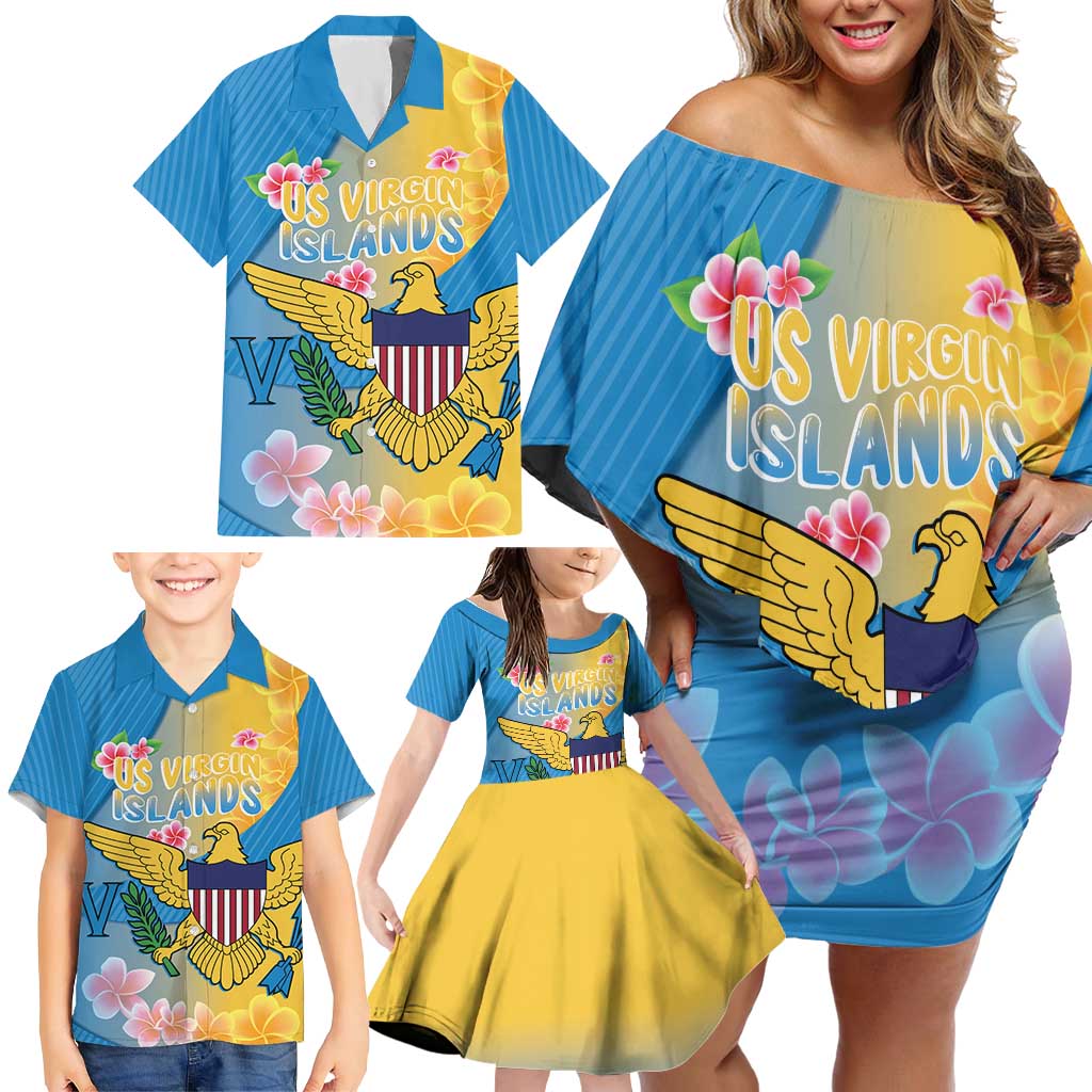 US Virgin Islands Family Matching Off Shoulder Short Dress and Hawaiian Shirt Coat of Arms Plumeria Curve Style - Wonder Print Shop