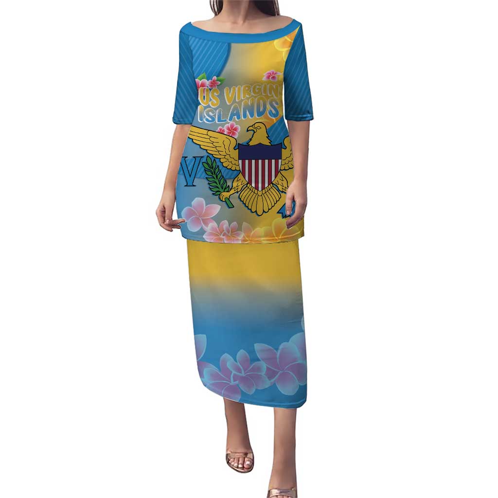 US Virgin Islands Family Matching Puletasi and Hawaiian Shirt Coat of Arms Plumeria Curve Style - Wonder Print Shop