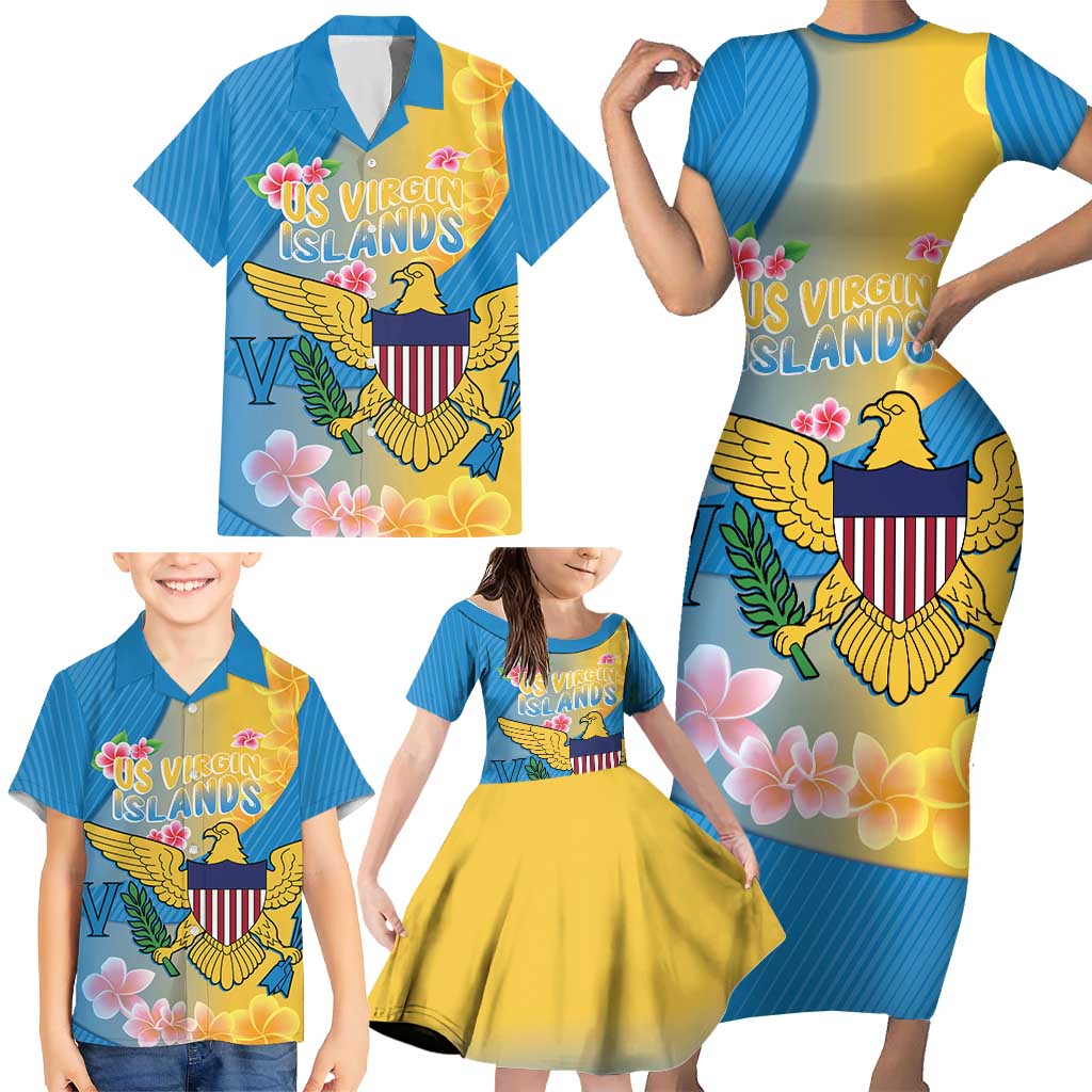 US Virgin Islands Family Matching Short Sleeve Bodycon Dress and Hawaiian Shirt Coat of Arms Plumeria Curve Style - Wonder Print Shop