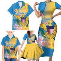US Virgin Islands Family Matching Short Sleeve Bodycon Dress and Hawaiian Shirt Coat of Arms Plumeria Curve Style - Wonder Print Shop