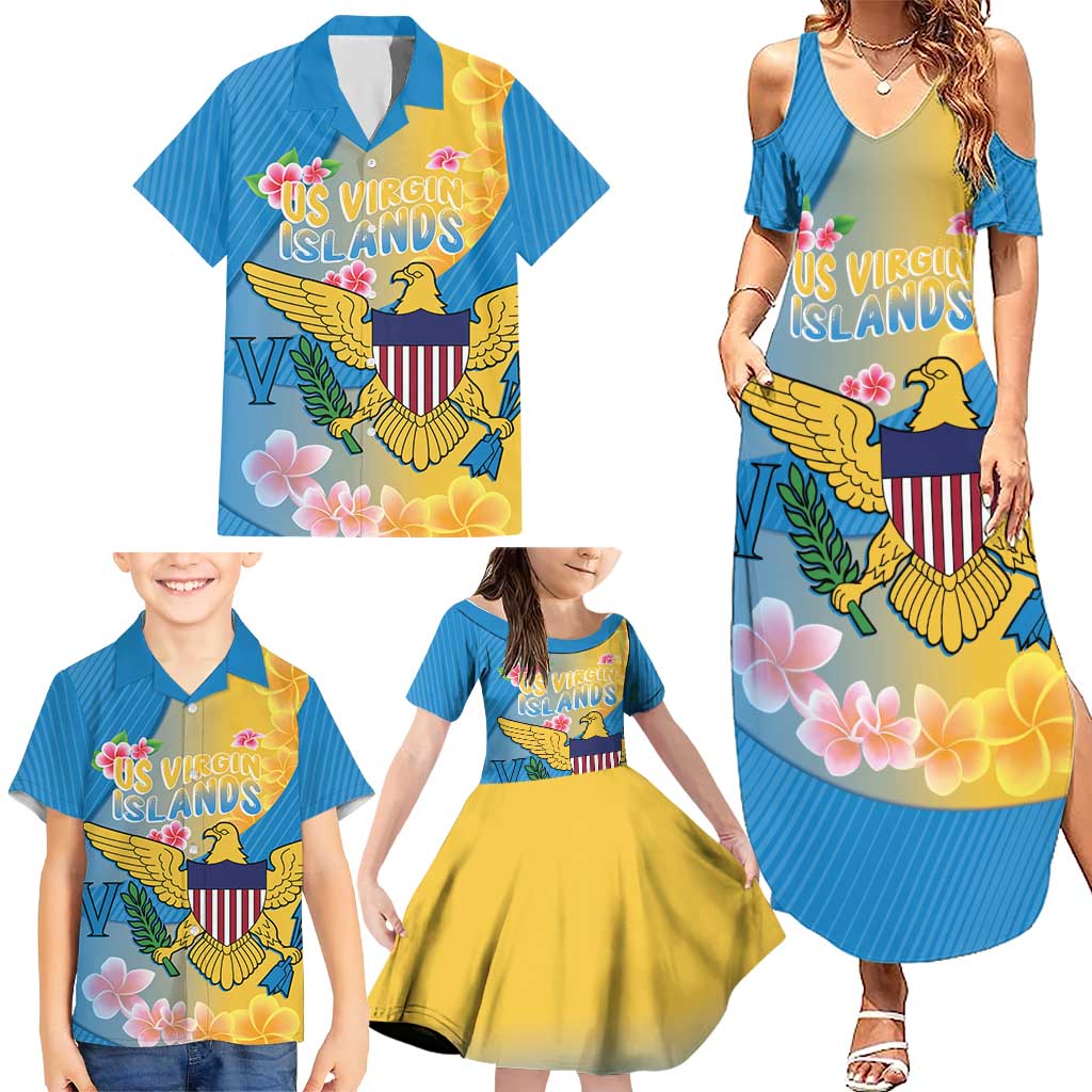 US Virgin Islands Family Matching Summer Maxi Dress and Hawaiian Shirt Coat of Arms Plumeria Curve Style - Wonder Print Shop