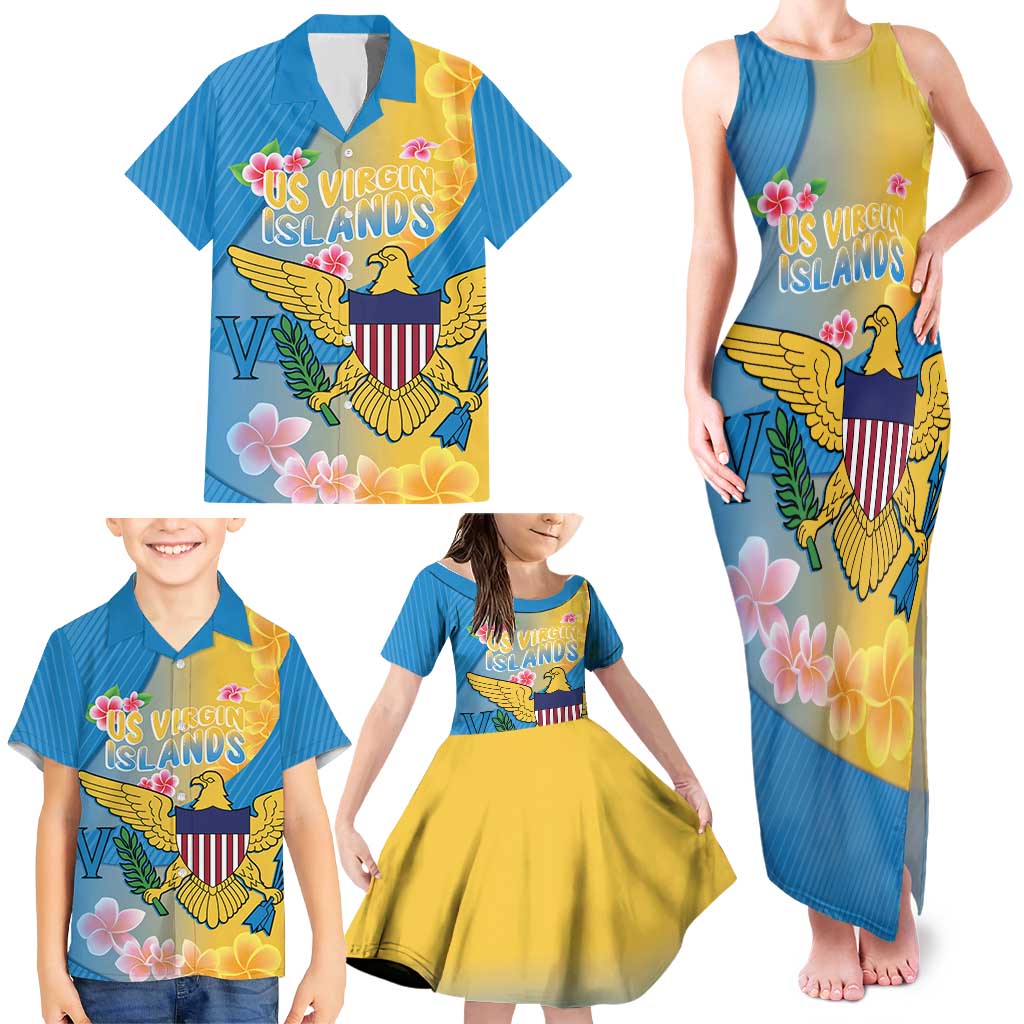 US Virgin Islands Family Matching Tank Maxi Dress and Hawaiian Shirt Coat of Arms Plumeria Curve Style - Wonder Print Shop