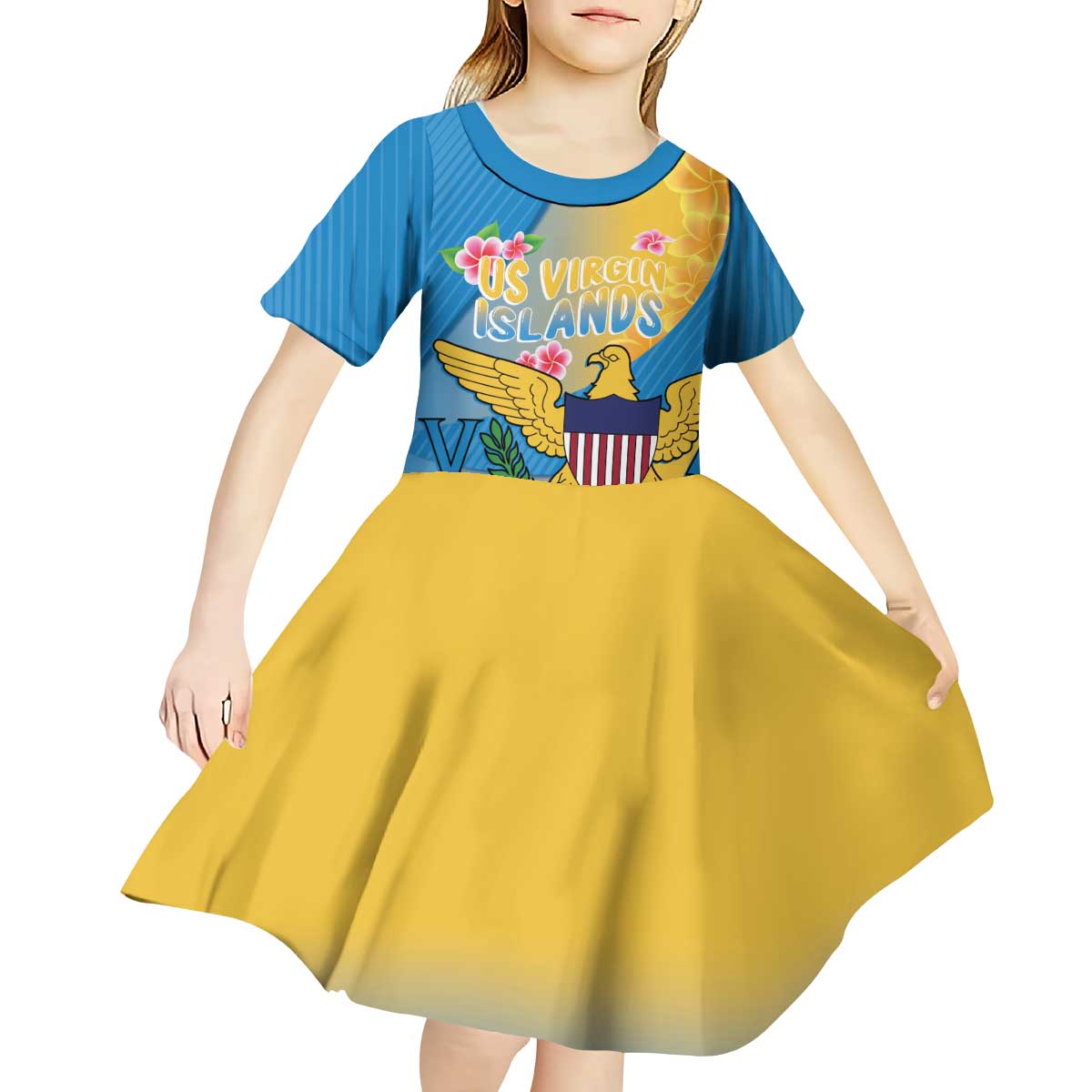 US Virgin Islands Kid Short Sleeve Dress Coat of Arms Plumeria Curve Style - Wonder Print Shop
