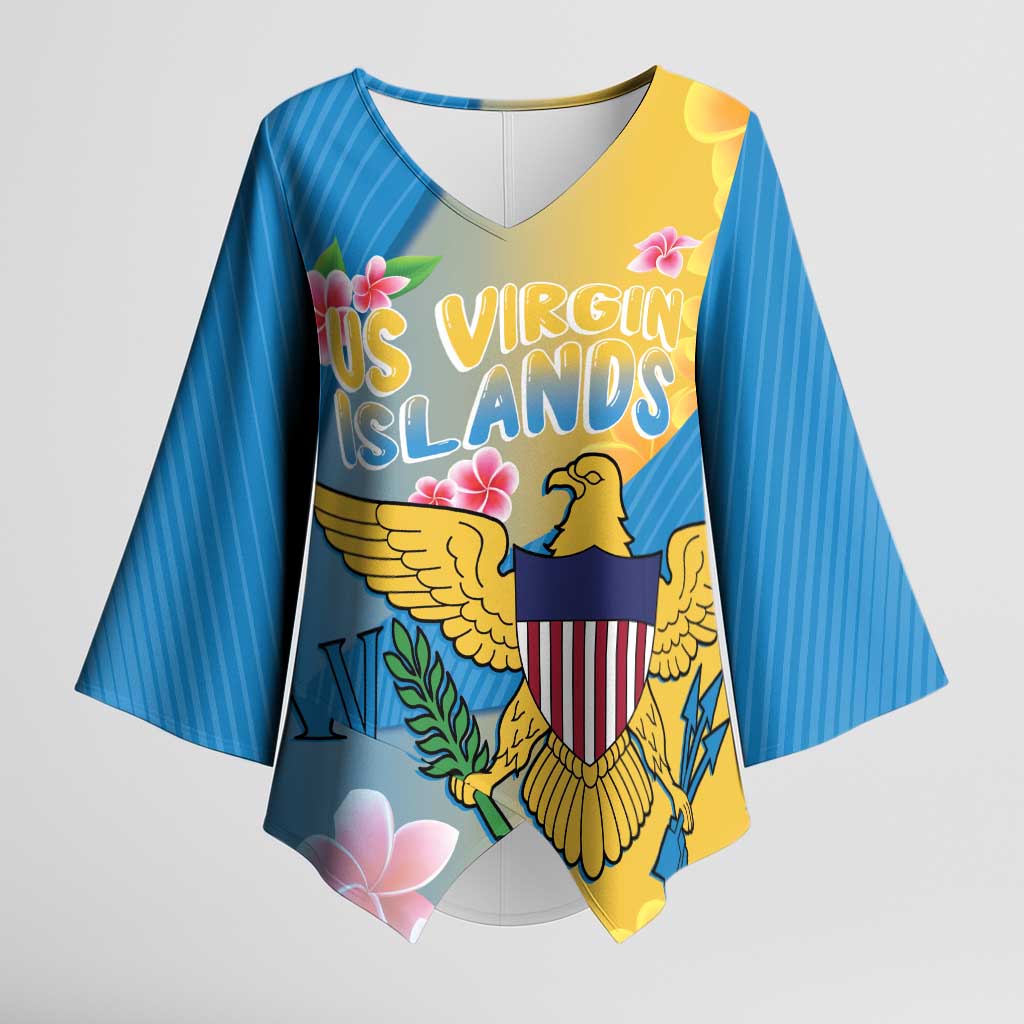 US Virgin Islands Kimono Sleeve Blouse Coat of Arms Plumeria Curve Style - Wonder Print Shop