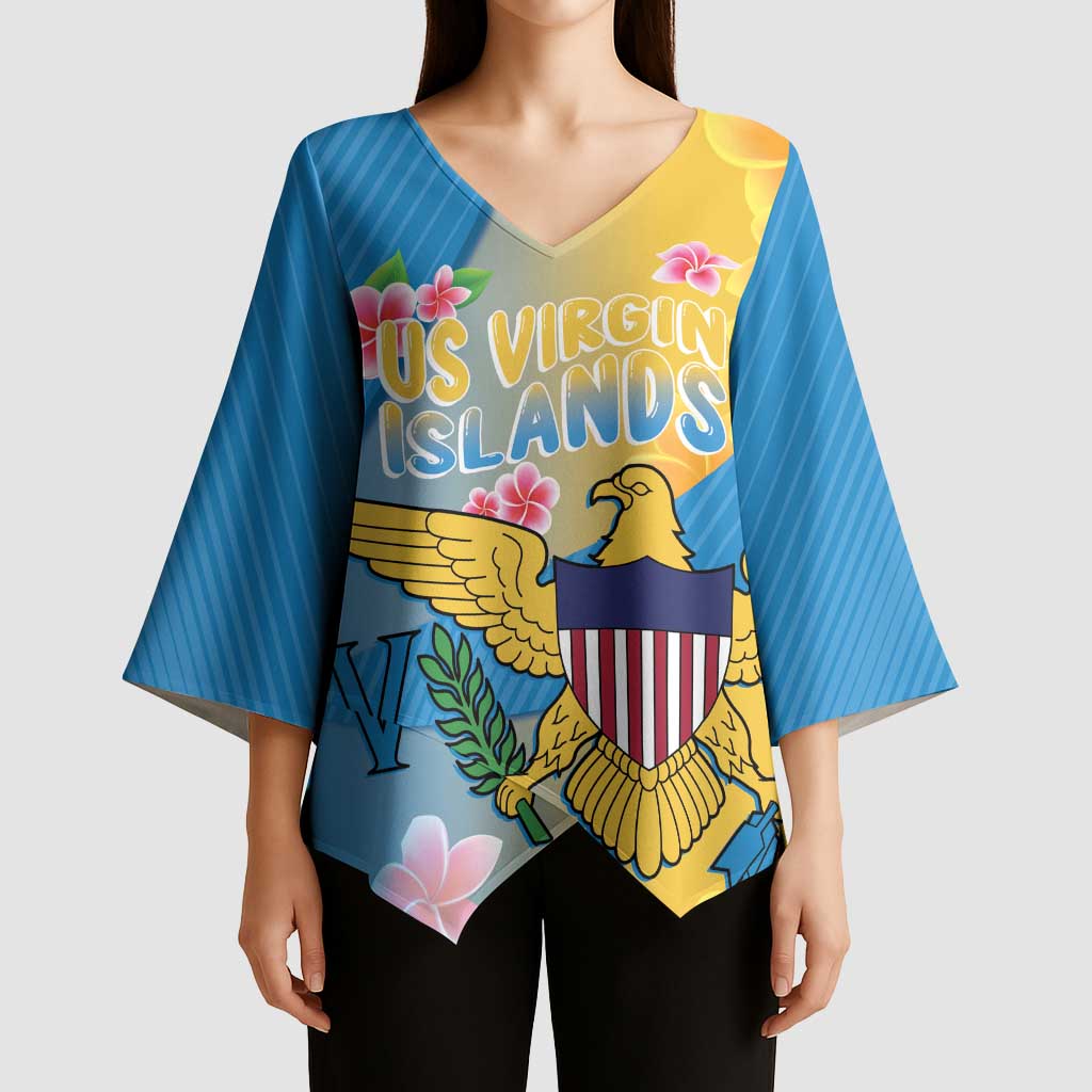 US Virgin Islands Kimono Sleeve Blouse Coat of Arms Plumeria Curve Style - Wonder Print Shop