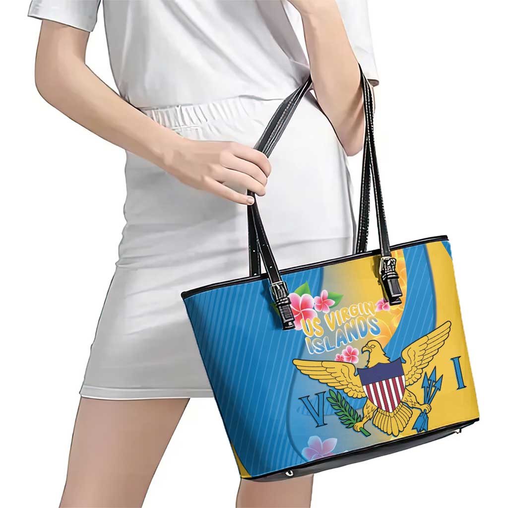 US Virgin Islands Leather Tote Bag Coat of Arms Plumeria Curve Style - Wonder Print Shop