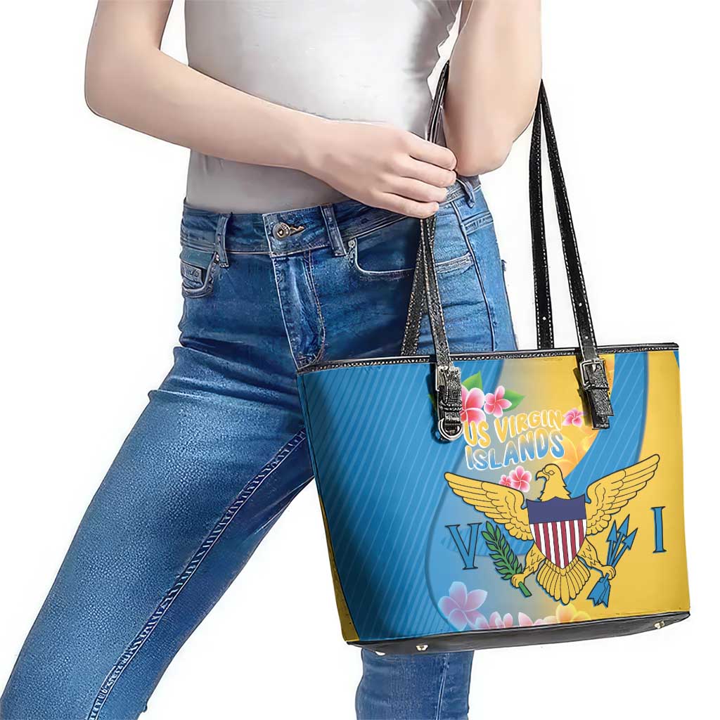 US Virgin Islands Leather Tote Bag Coat of Arms Plumeria Curve Style - Wonder Print Shop