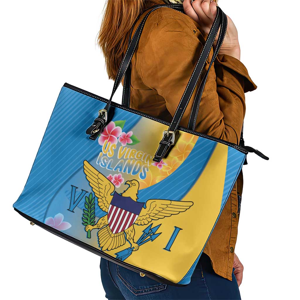 US Virgin Islands Leather Tote Bag Coat of Arms Plumeria Curve Style - Wonder Print Shop