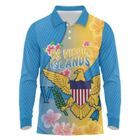 US Virgin Islands Long Sleeve Polo Shirt Coat of Arms Plumeria Curve Style - Wonder Print Shop