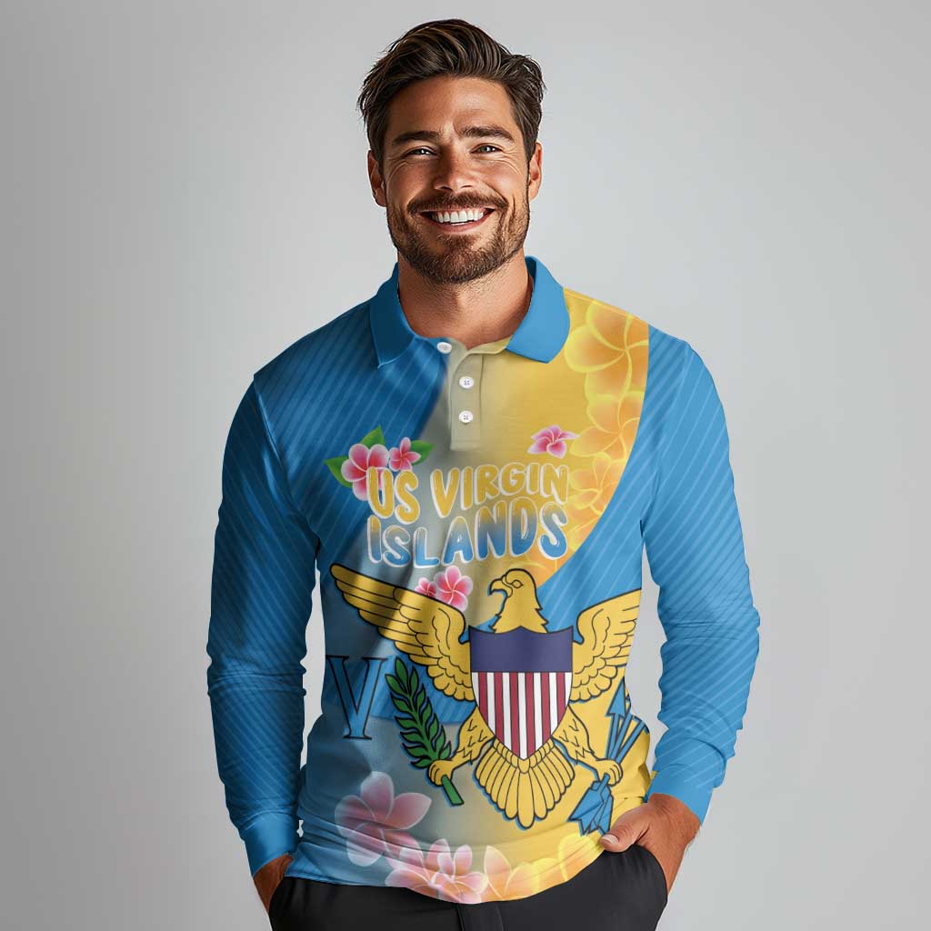 US Virgin Islands Long Sleeve Polo Shirt Coat of Arms Plumeria Curve Style - Wonder Print Shop