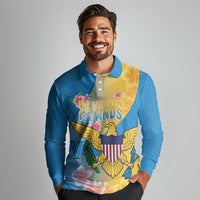 US Virgin Islands Long Sleeve Polo Shirt Coat of Arms Plumeria Curve Style - Wonder Print Shop