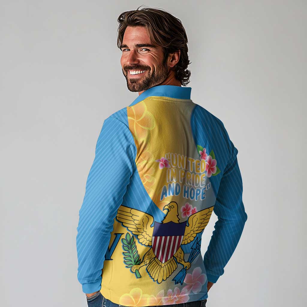 US Virgin Islands Long Sleeve Polo Shirt Coat of Arms Plumeria Curve Style - Wonder Print Shop